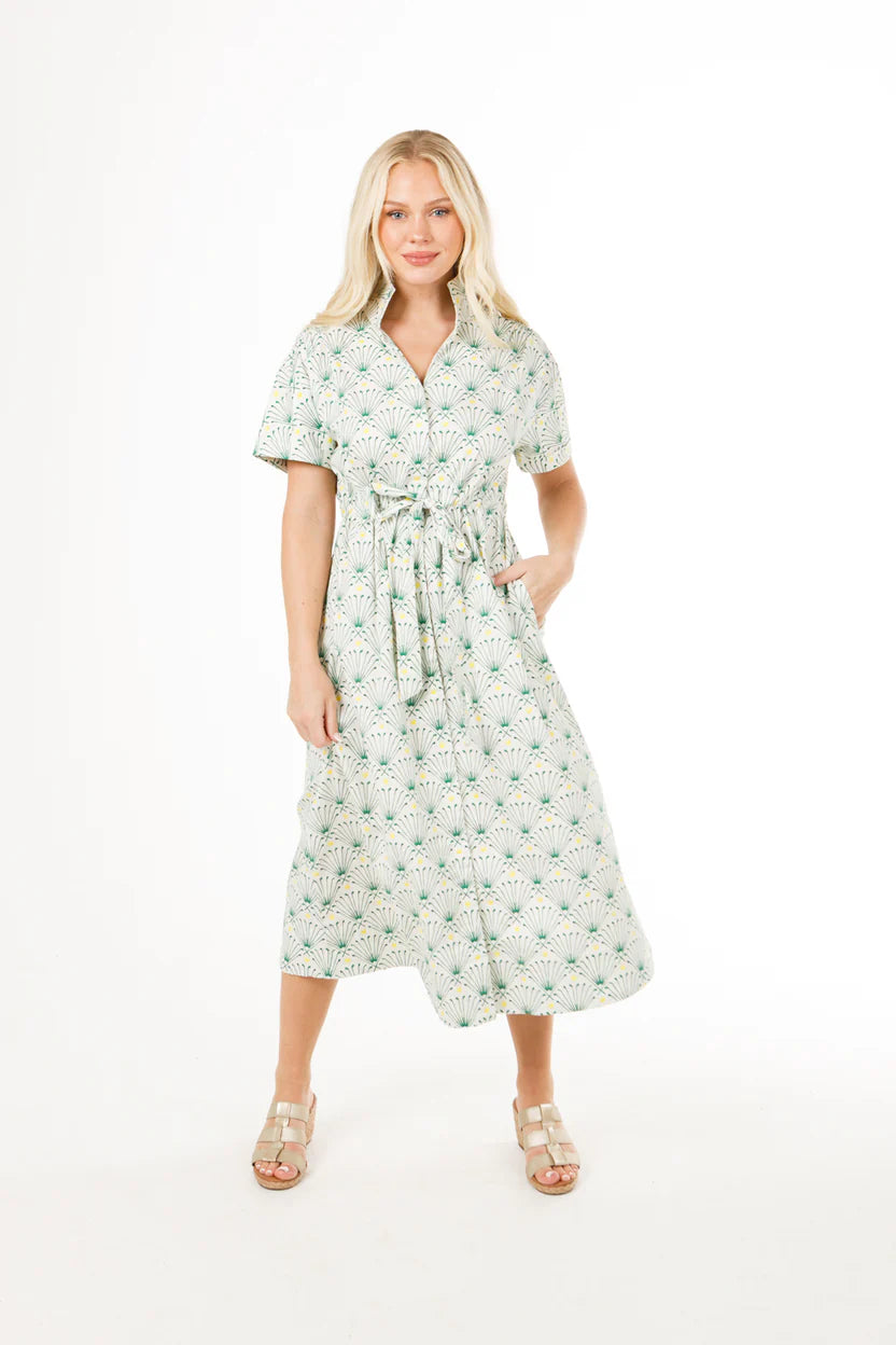 short sleeve women's midi with tie in front green fan like design on beige background