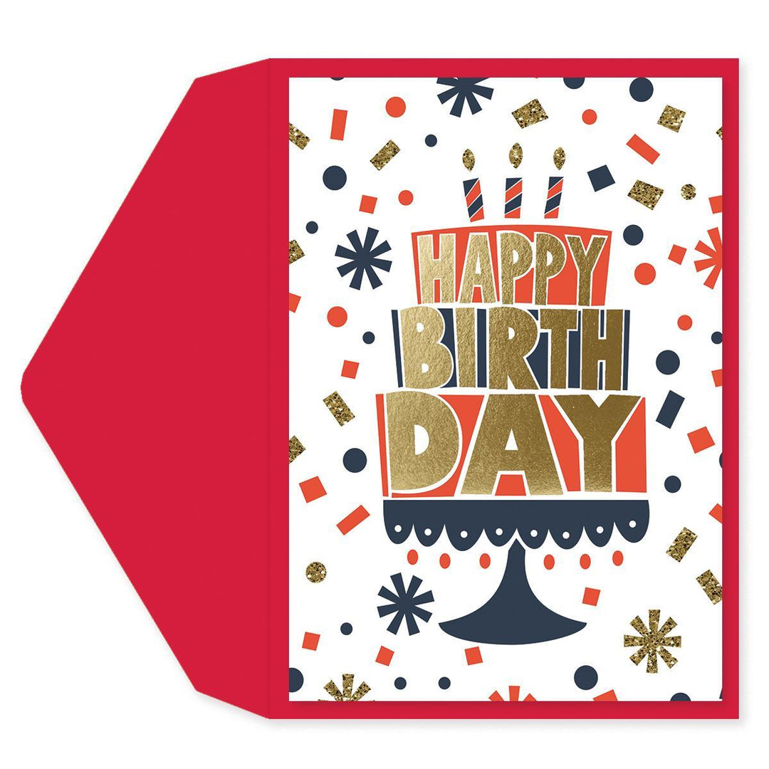 A square birthday card with a red envelope, featuring a white background decorated with colorful confetti and the words 'HAPPY BIRTH DAY' in large gold, red, and navy lettering above a navy cake illustration.
