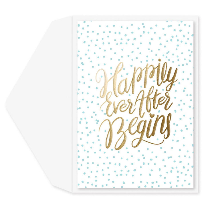 Card with 'Happily Ever After Begins' text on a polka dot background