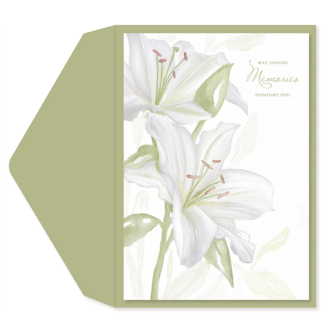 A floral memorial card with white lilies and a matching olive green envelope, shown on a clean white background.