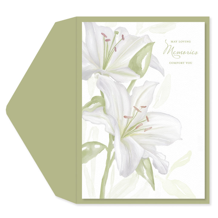 A floral memorial card with white lilies and a matching olive green envelope, shown on a clean white background.