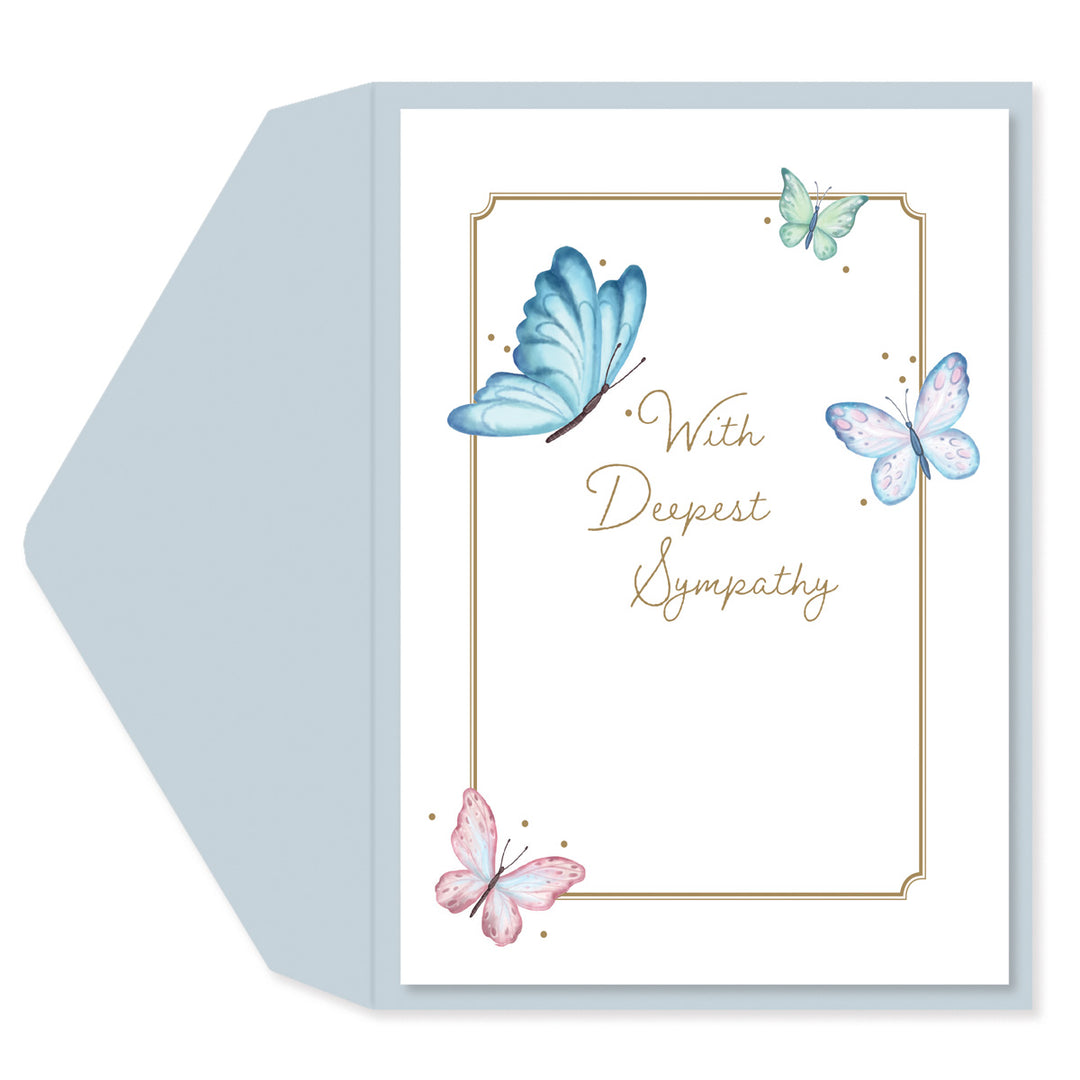 Sympathy card with butterflies and 'With Deepest Sympathy' text on a white background