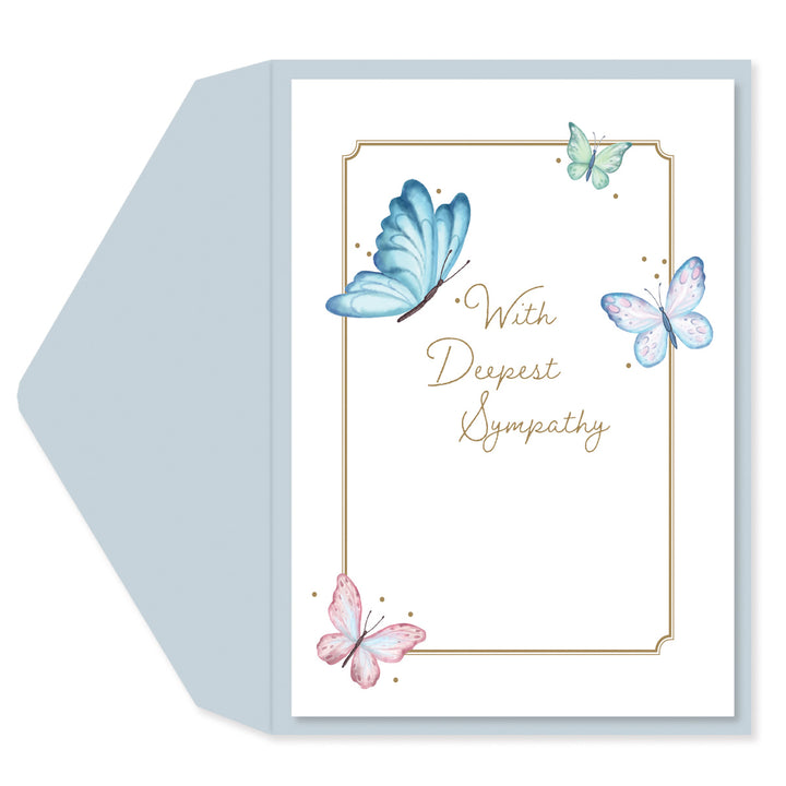 Sympathy card with butterflies and 'With Deepest Sympathy' text on a white background