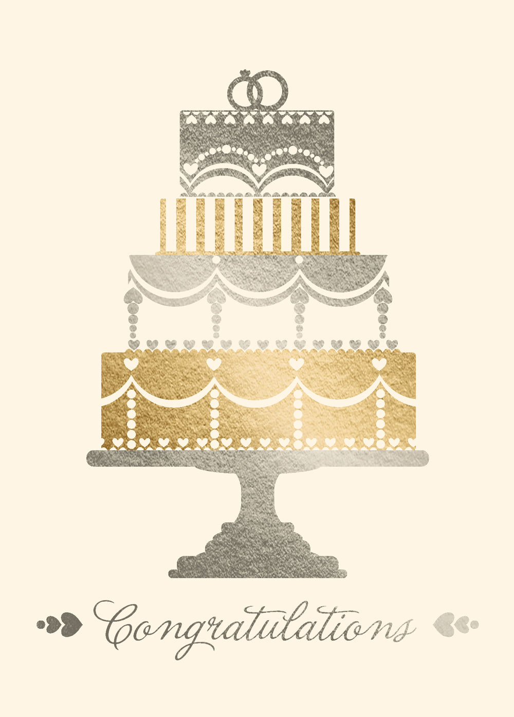 A wedding congratulations card design featuring a three-tiered cake with gold and sage green textured patterns on a cream background, with the word 'Congratulations' written in elegant script below.