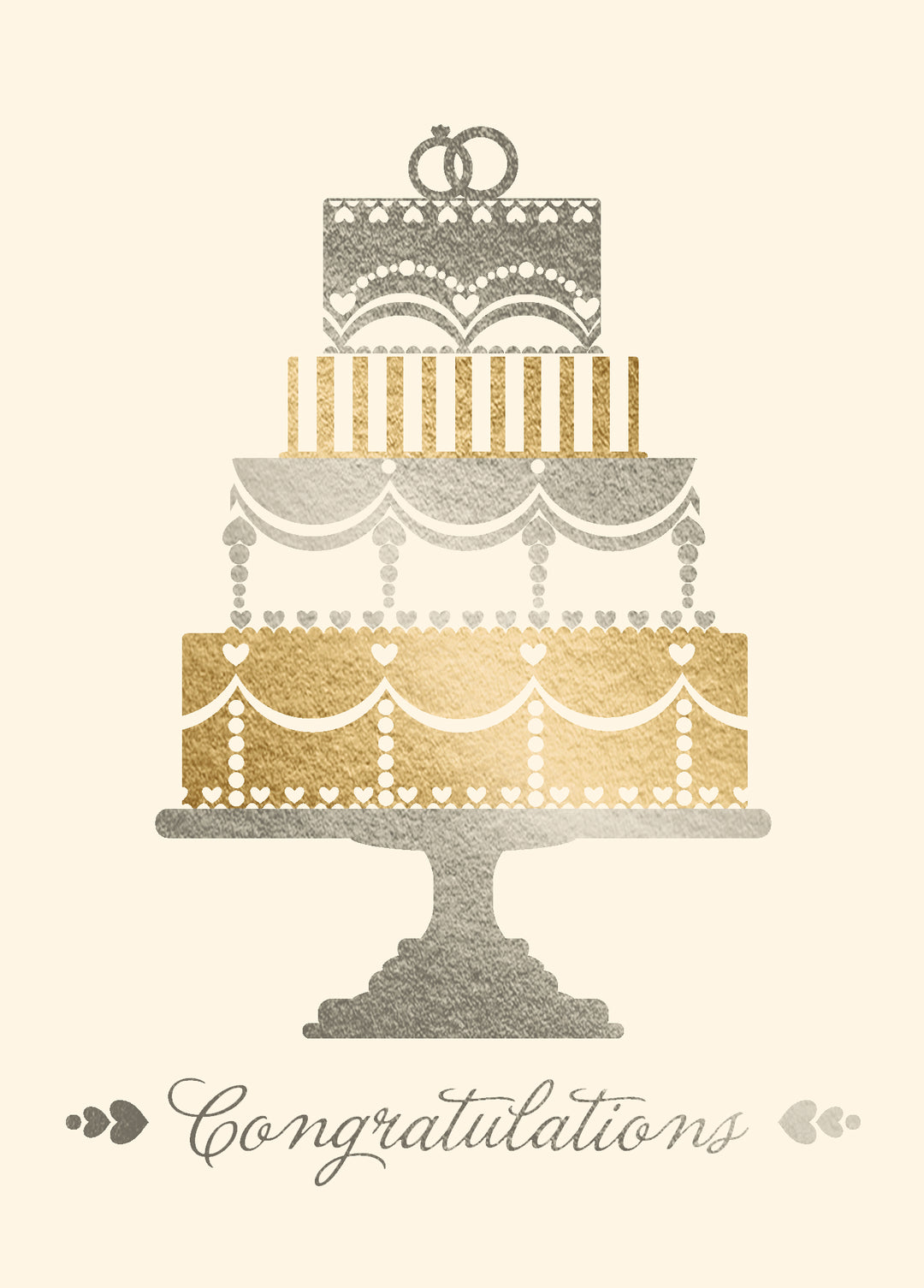A wedding congratulations card design featuring a three-tiered cake with gold and sage green textured patterns on a cream background, with the word 'Congratulations' written in elegant script below.