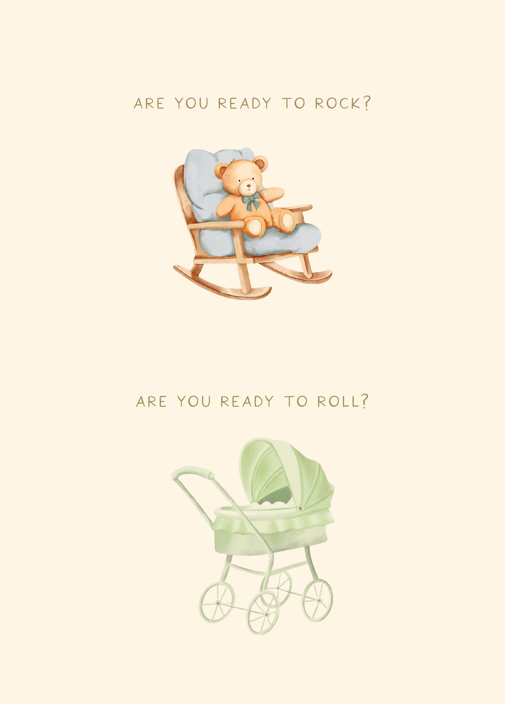 A baby shower card with a cream background featuring two watercolor illustrations. The top illustration shows a teddy bear sitting in a wooden rocking chair with a light blue cushion, above the text 'ARE YOU READY TO ROCK?'.