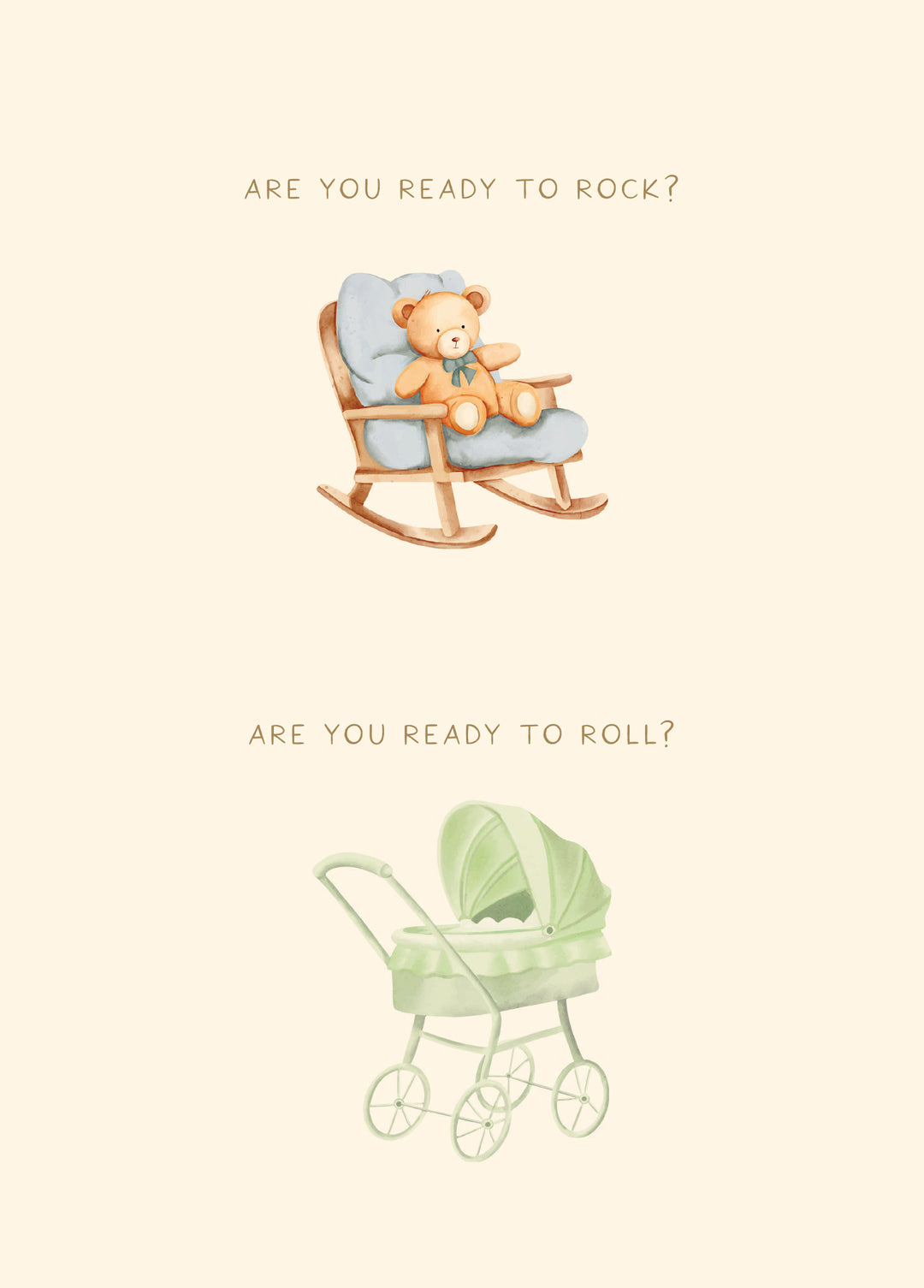 A baby shower card with a cream background featuring two watercolor illustrations. The top illustration shows a teddy bear sitting in a wooden rocking chair with a light blue cushion, above the text 'ARE YOU READY TO ROCK?'.
