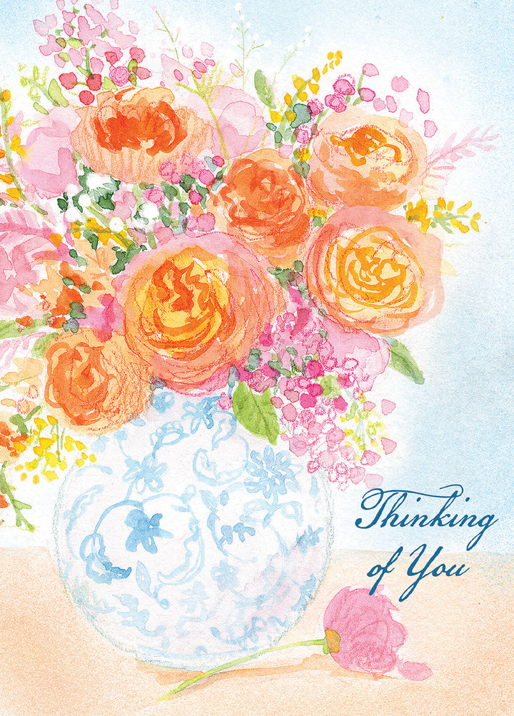 Watercolor-style floral artwork showing a bouquet of pink, orange, and purple flowers in a pale blue vase, with the words 'Thinking of You' in blue script on the lower right.