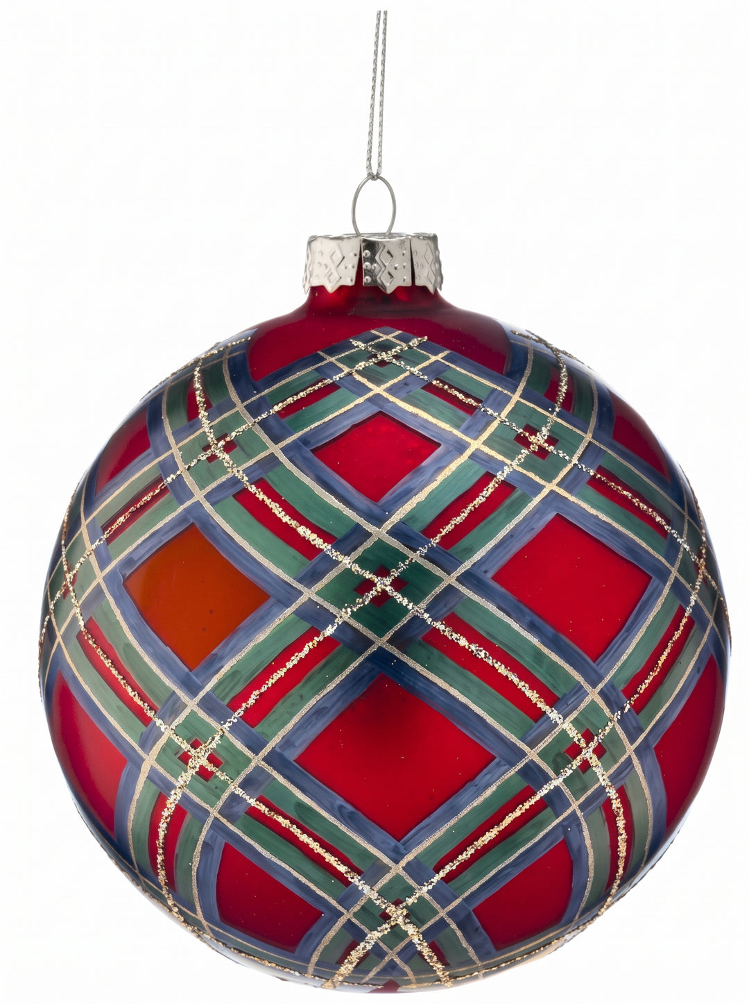 A round glass Christmas ornament featuring a red and green plaid pattern with gold glitter lines, hanging from a silver cap on a white background.