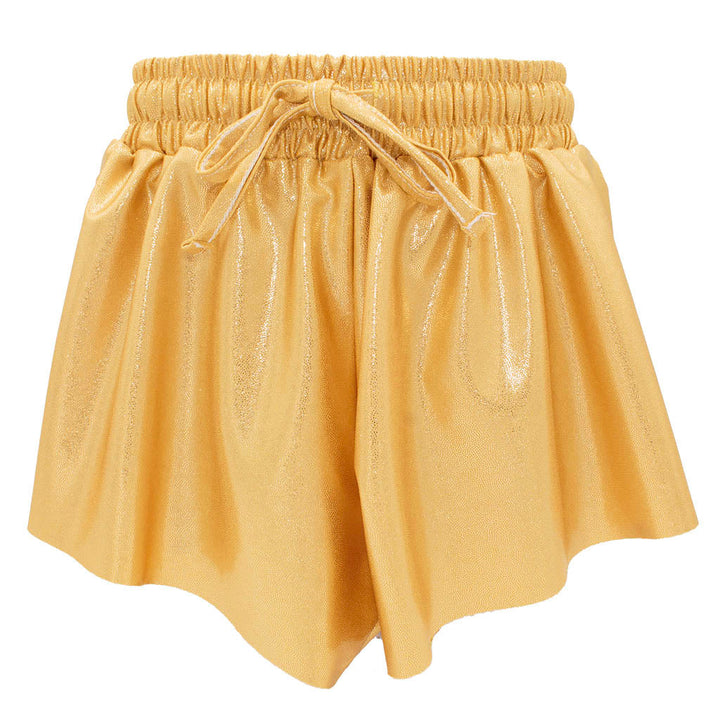 Gold shorts with drawstring waist on a white background