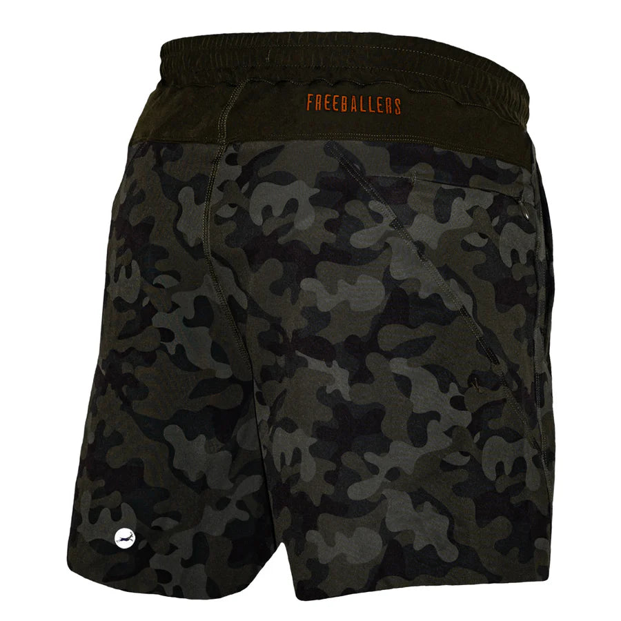 Camouflage shorts with 'Freeballers' branding on a white background