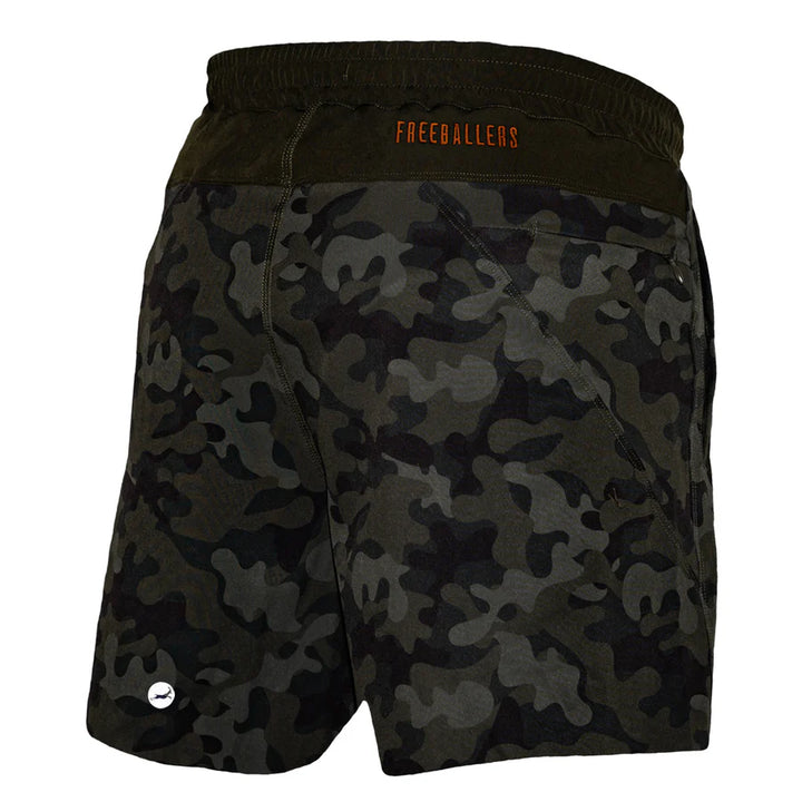 Camouflage shorts with 'Freeballers' branding on a white background