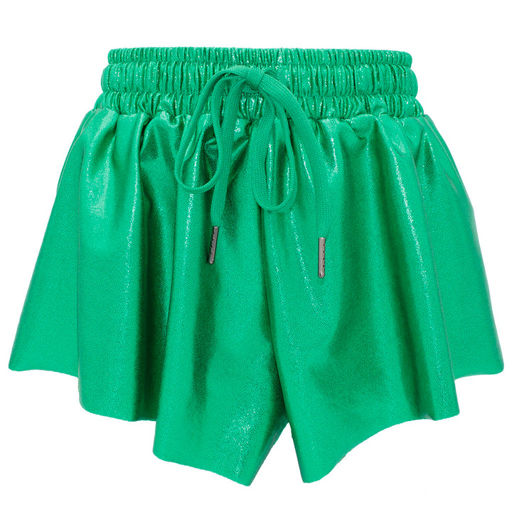 Green shorts with drawstring on a white background