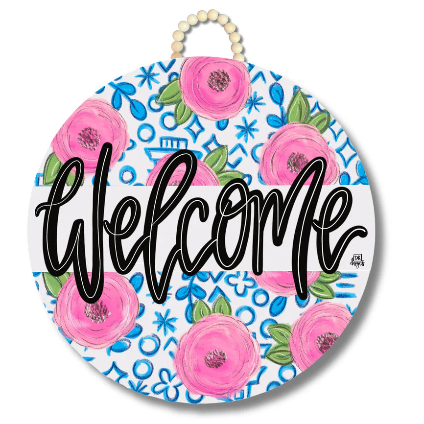 PINK FLOWER CHINOISERIE WELCOME DOOR HANGER