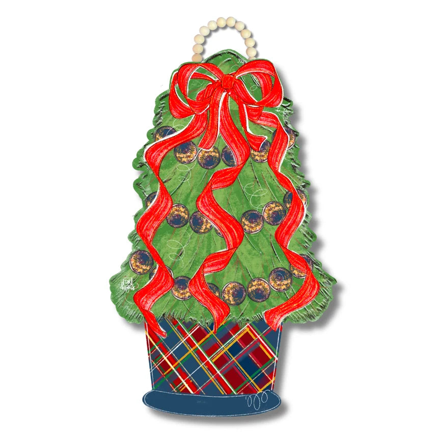 A decorative Christmas tree-shaped wall hanging with a green textured tree body, a large red ribbon bow and curls, gold and blue ornaments, a red plaid patterned pot, and a cream bead hanging loop at the top, shown on a white background.