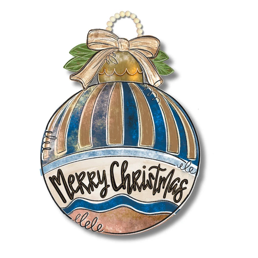 Decorative Christmas ornament with striped design and 'Merry Christmas' text on a white background