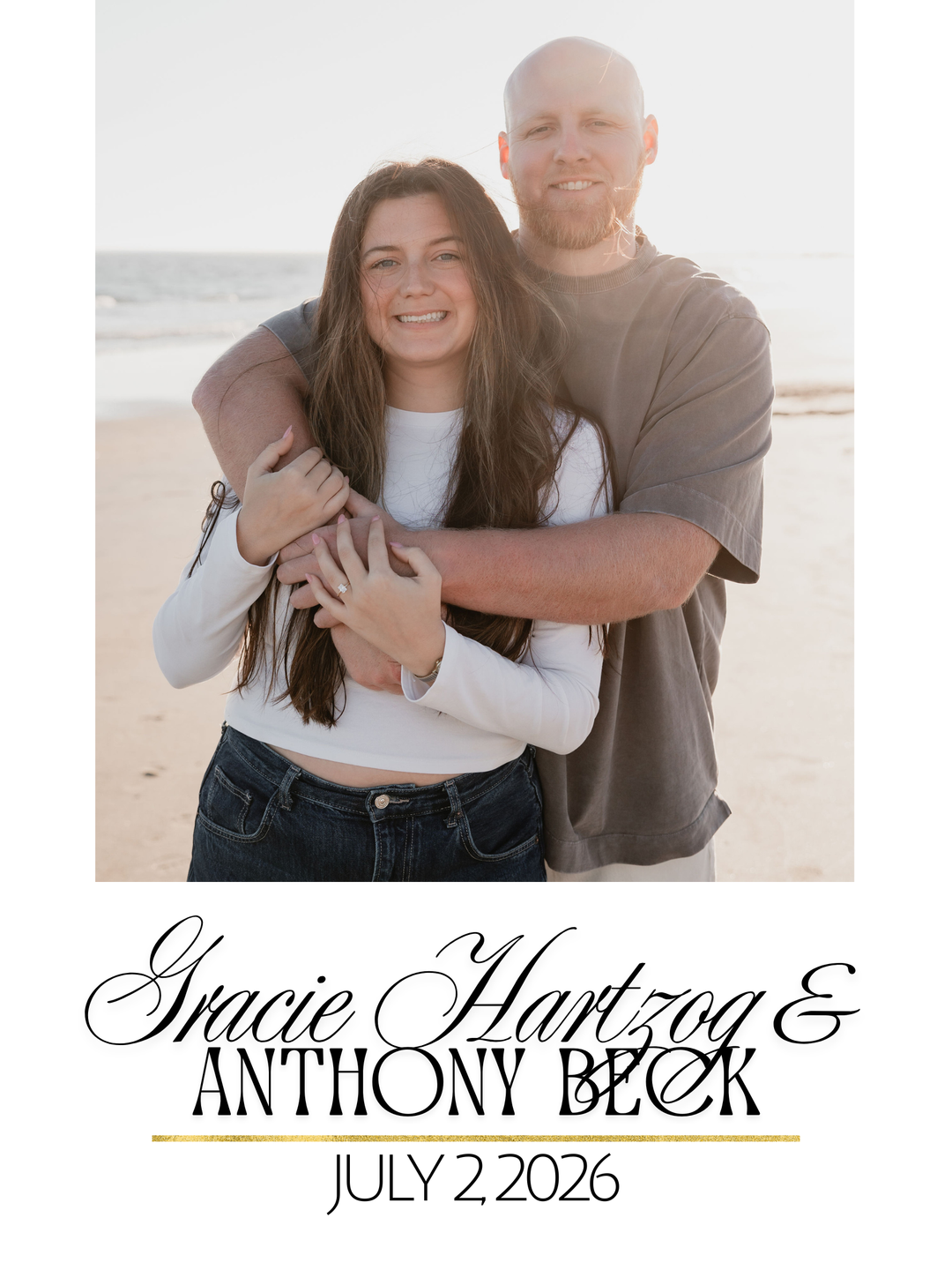 Couple embracing on a beach with text overlay for Gracie Hartzog & Anthony Beck and date.