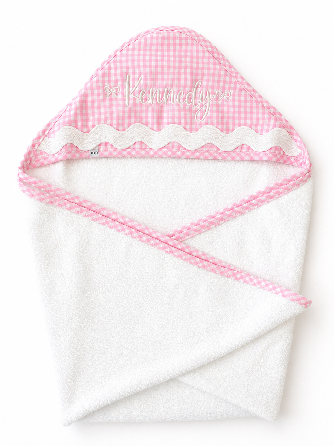 BABY KENNEDY HAND: CUSTOM PINK RIC-RAC HOODED TOWEL
