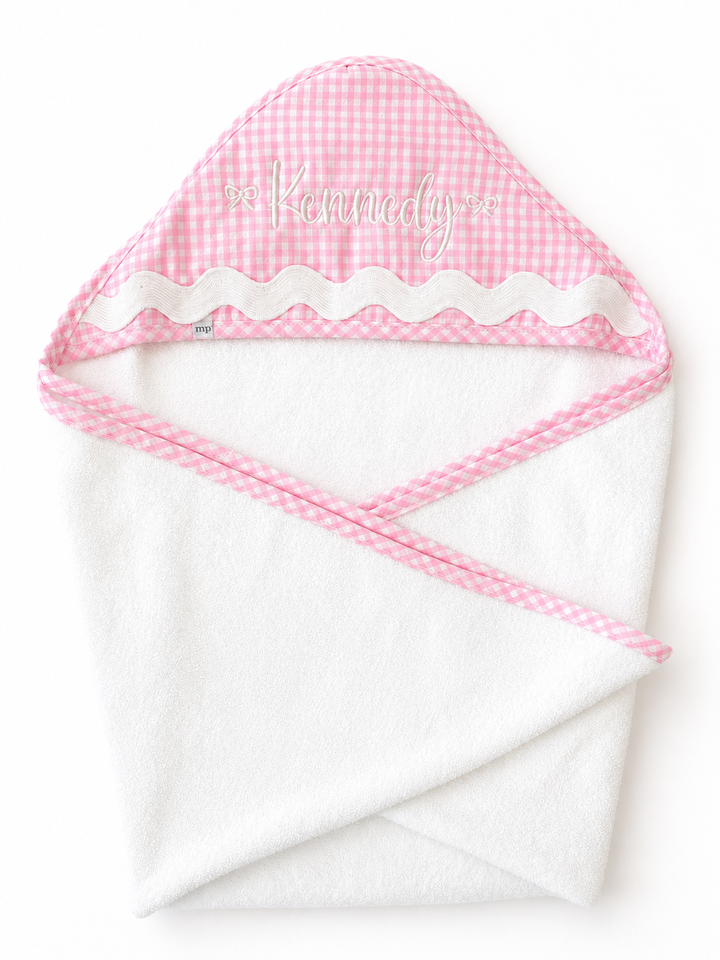 BABY KENNEDY HAND: CUSTOM PINK RIC-RAC HOODED TOWEL