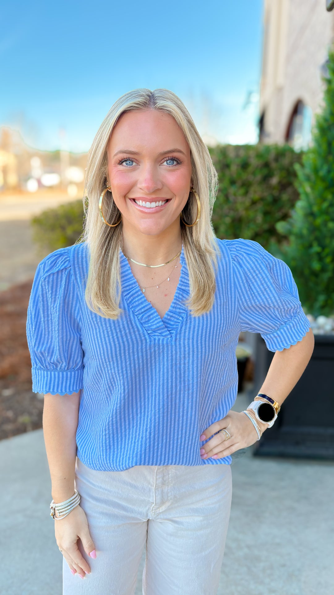 BABY BLUE SEERSUCKER RUFFLE VNECK TOP