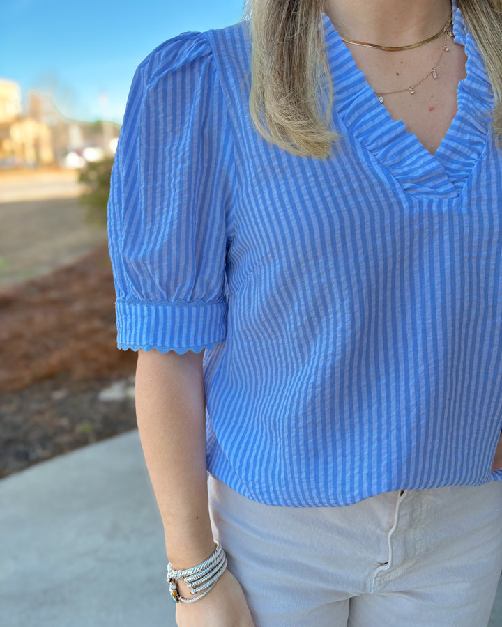 BABY BLUE SEERSUCKER RUFFLE VNECK TOP