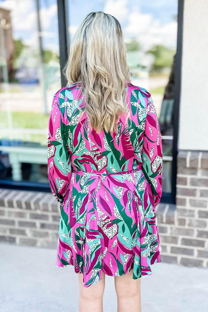 MAGENTA & GREEN BOTANICAL BUTTON TIE WAIST DRESS