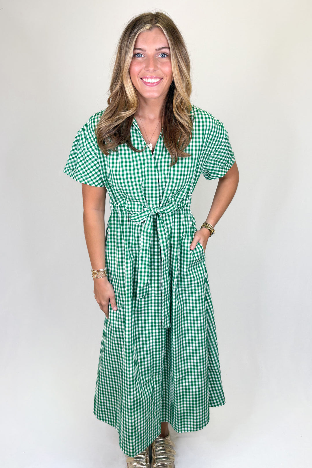 Green gingham midi dress with short sleeves, tie waist, and pockets | Walker Boutique