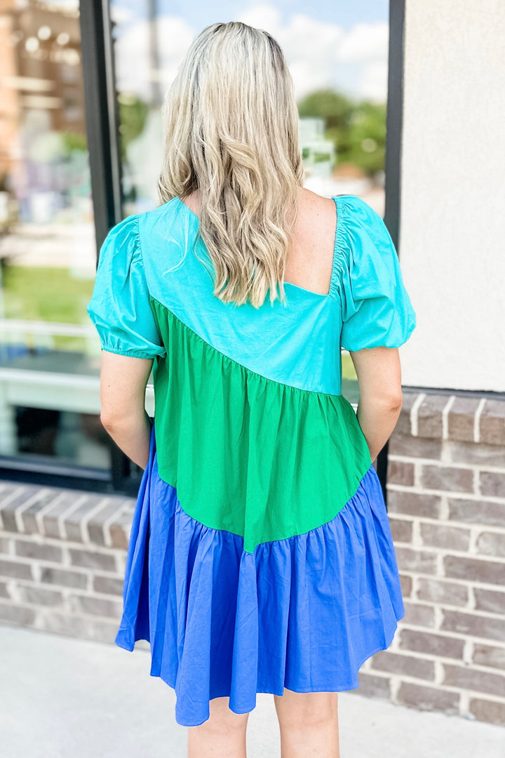 BLUE & GREEN COLOR BLOCK ASYMMETRICAL DRESS