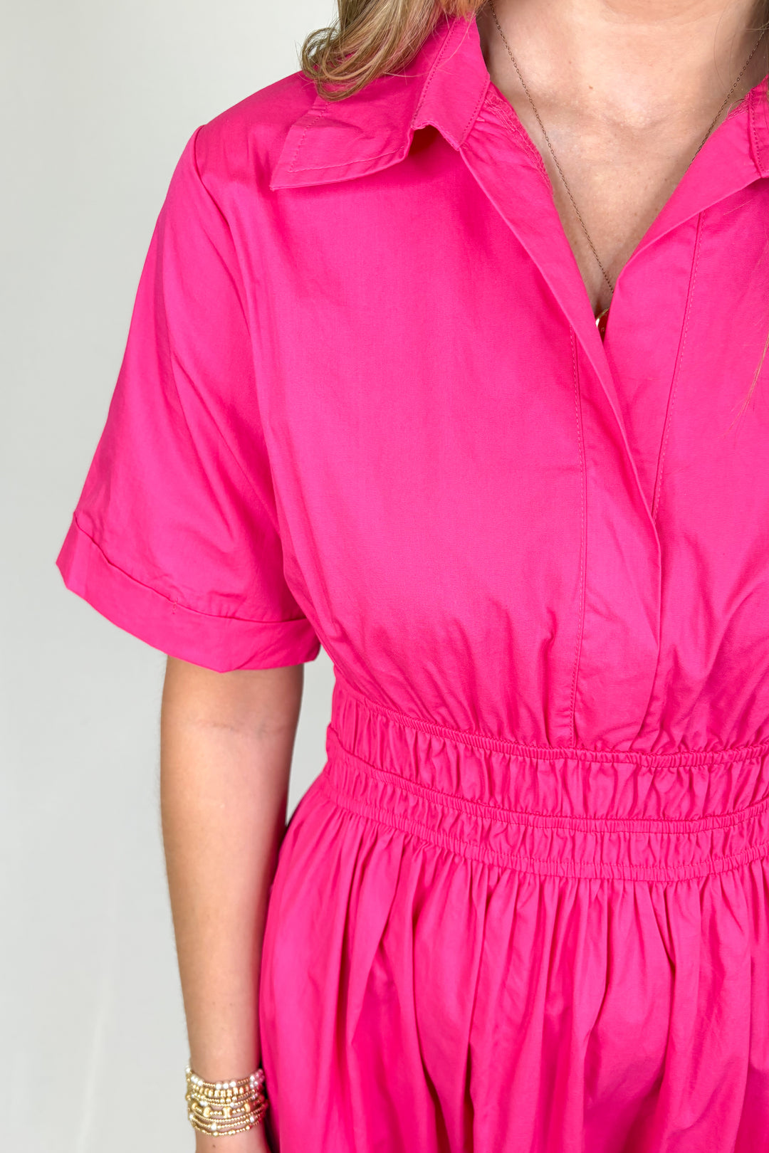 FUCHSIA COLLAR ELASTIC WAIST MAXI DRESS
