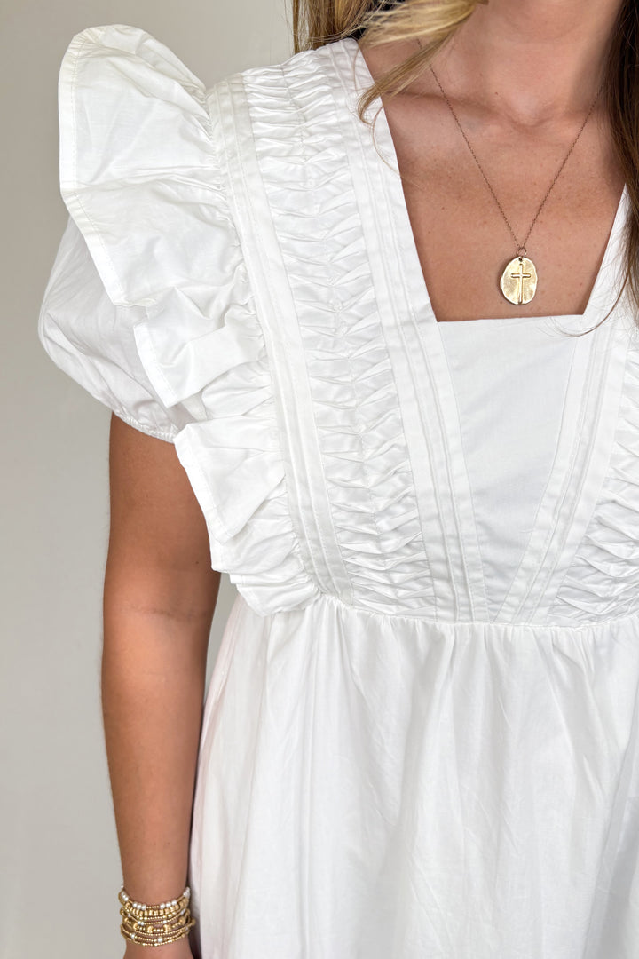 WHITE PINTUCK DETAIL RUFFLE MIDI DRESS