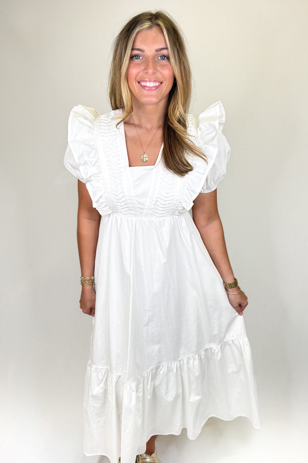 WHITE PINTUCK DETAIL RUFFLE MIDI DRESS