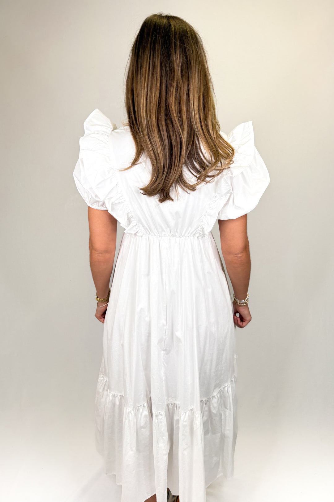 WHITE PINTUCK DETAIL RUFFLE MIDI DRESS