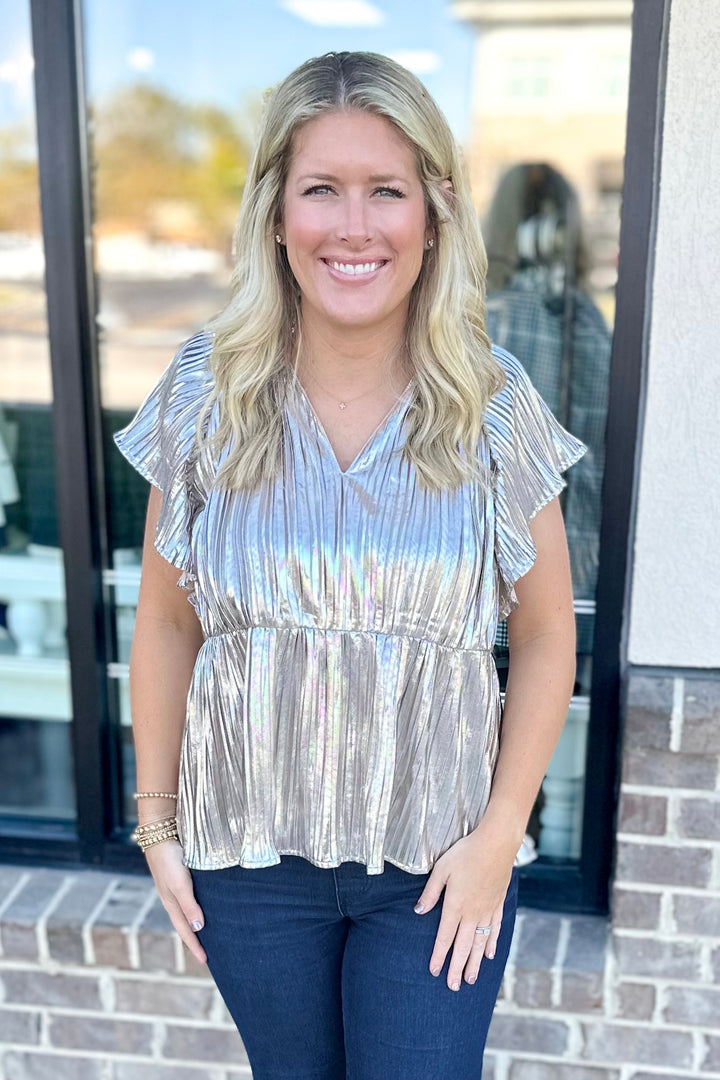 METALLIC PLEATED PEPLUM TOP