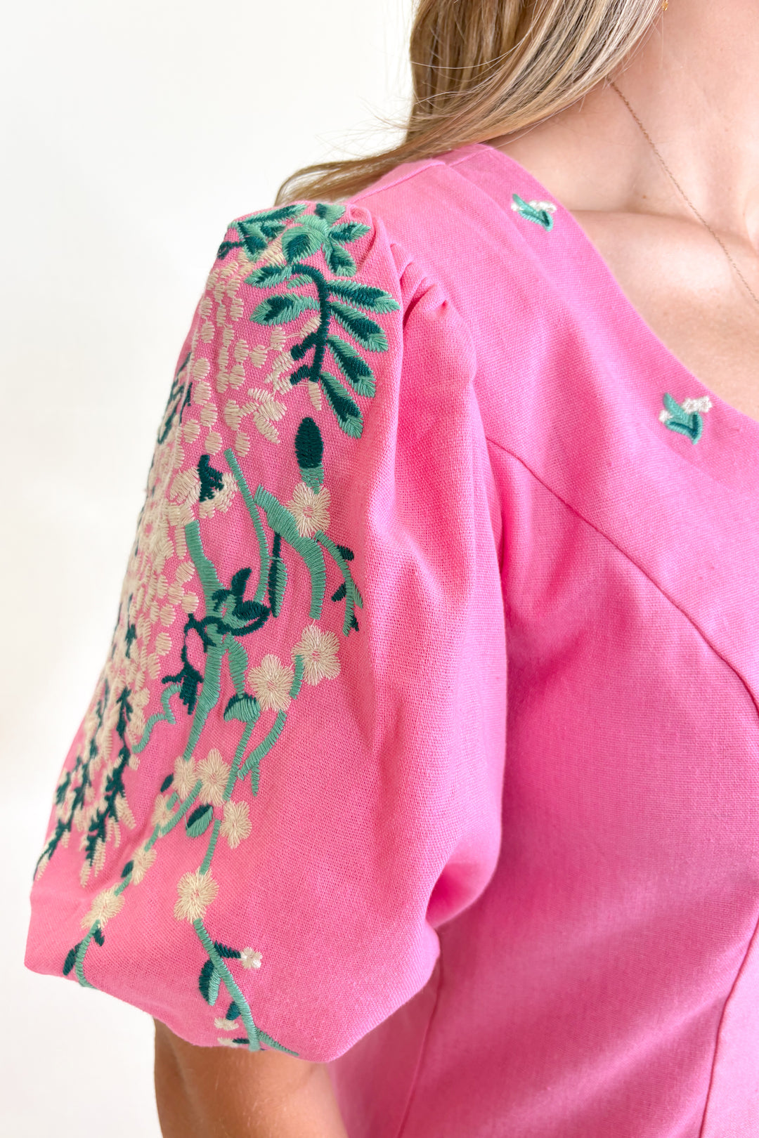 PINK & TEAL EMBROIDERED PUFF SLEEVE DRESS