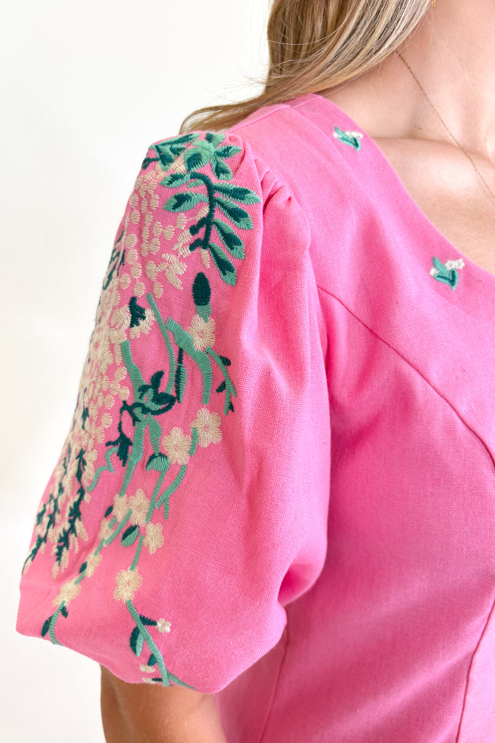 PINK & TEAL EMBROIDERED PUFF SLEEVE DRESS