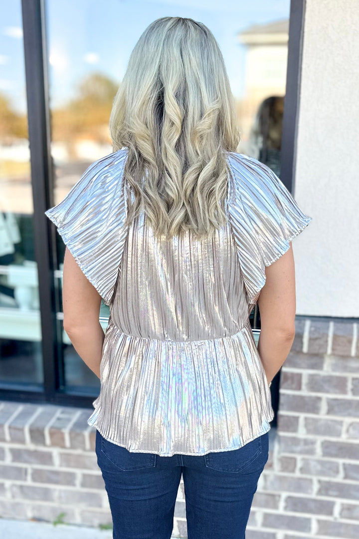 METALLIC PLEATED PEPLUM TOP