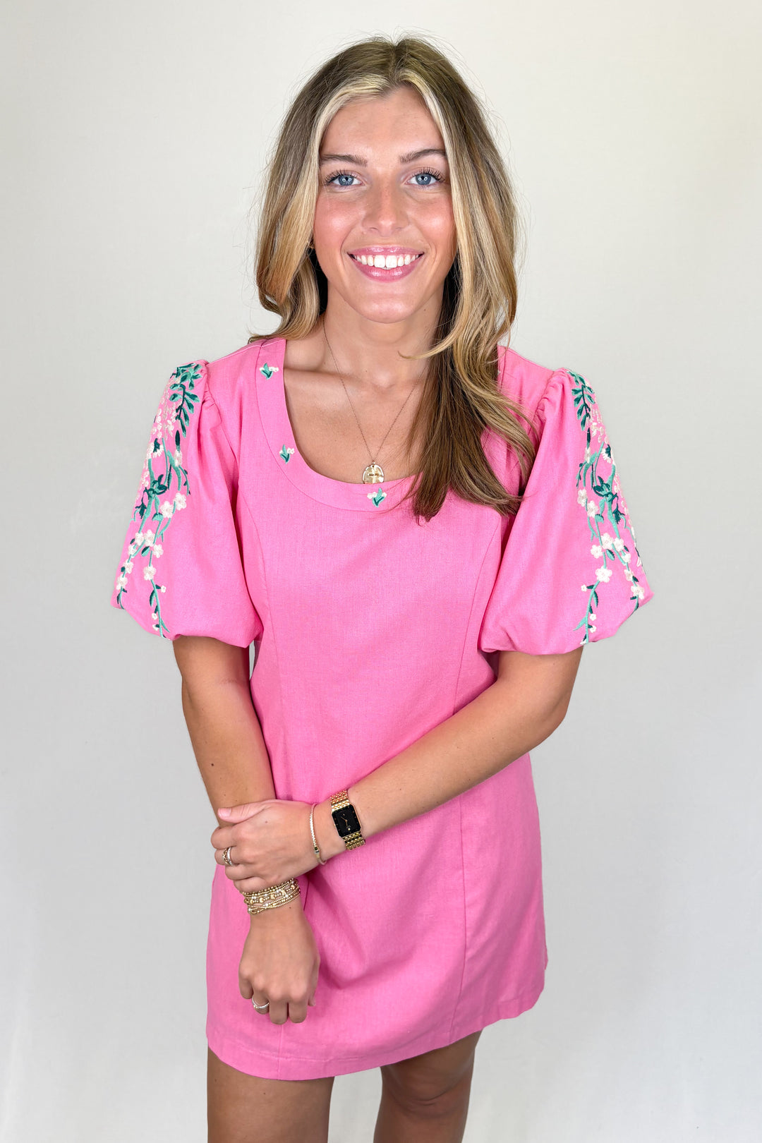 PINK & TEAL EMBROIDERED PUFF SLEEVE DRESS
