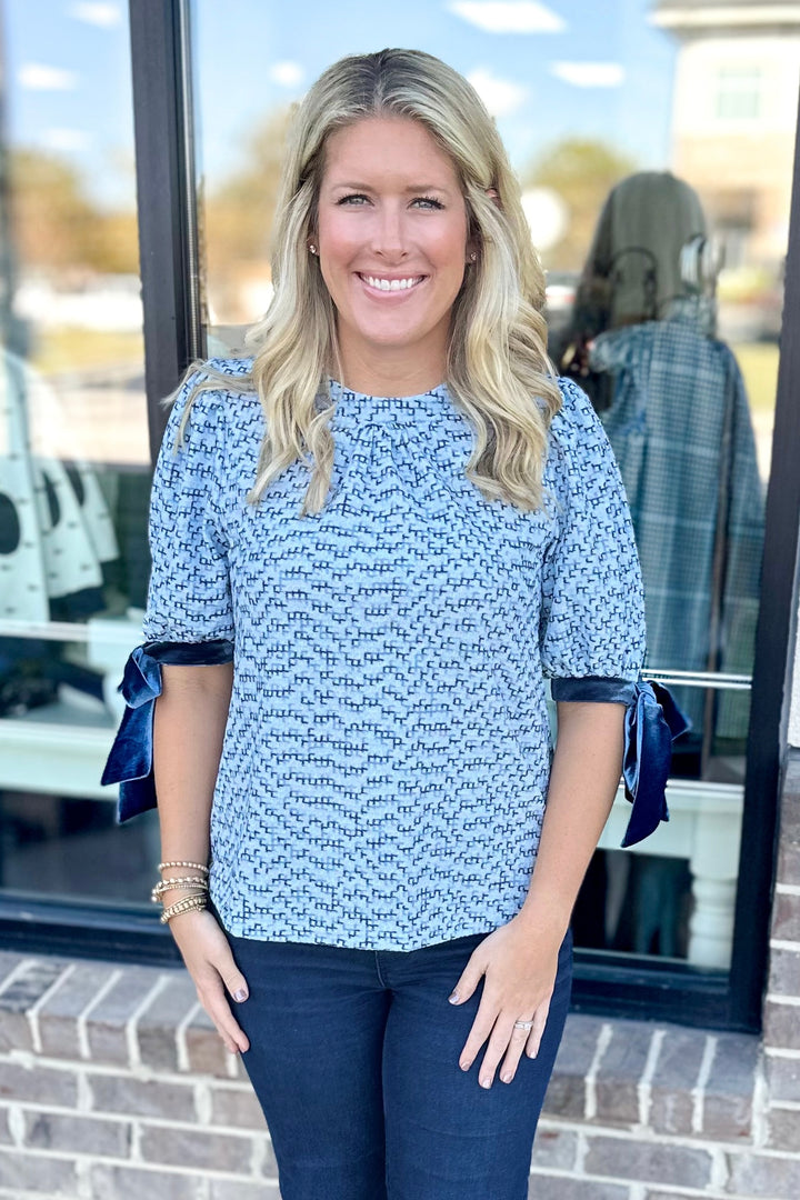 BLUE TWEED SHIMMER BOW TIE SLEEVE TOP