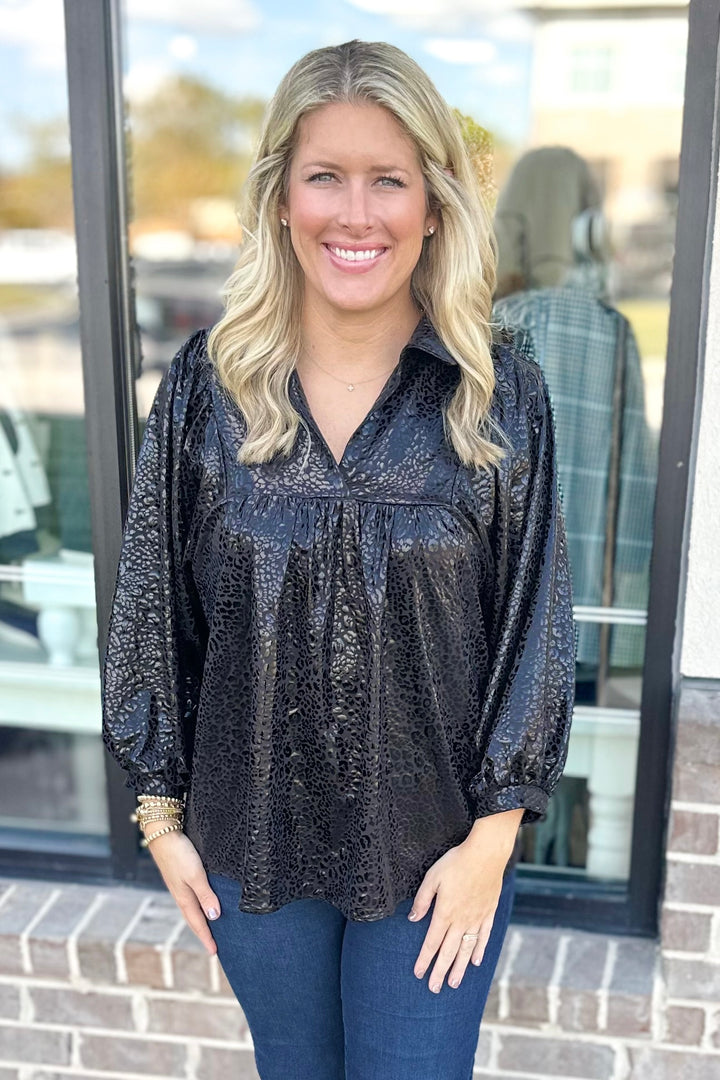 BLACK METALLIC LEOPARD HIGH RUFFLE NECK TOP