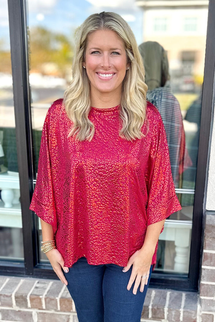 RED METALLIC ANIMAL PRINT TUNIC