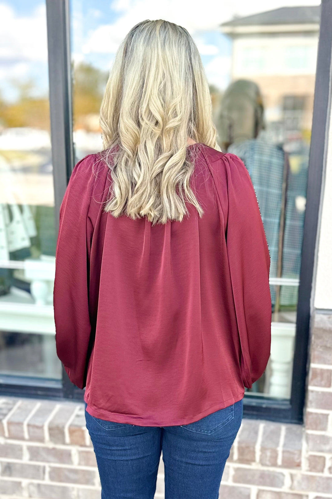 BURGUNDY SATIN VNECK BALLOON SLEEVE TOP