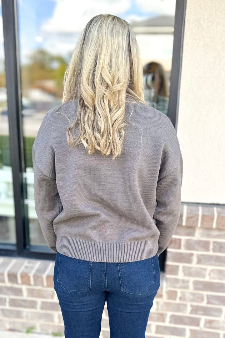 GREY JEWEL TRIM CREW NECK SWEATER