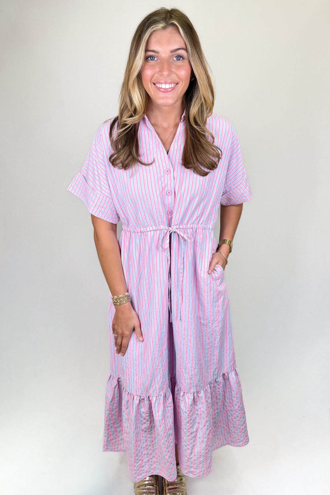 PINK & BLUE STRIPE DRAWSTRING COLLAR MIDI DRESS M