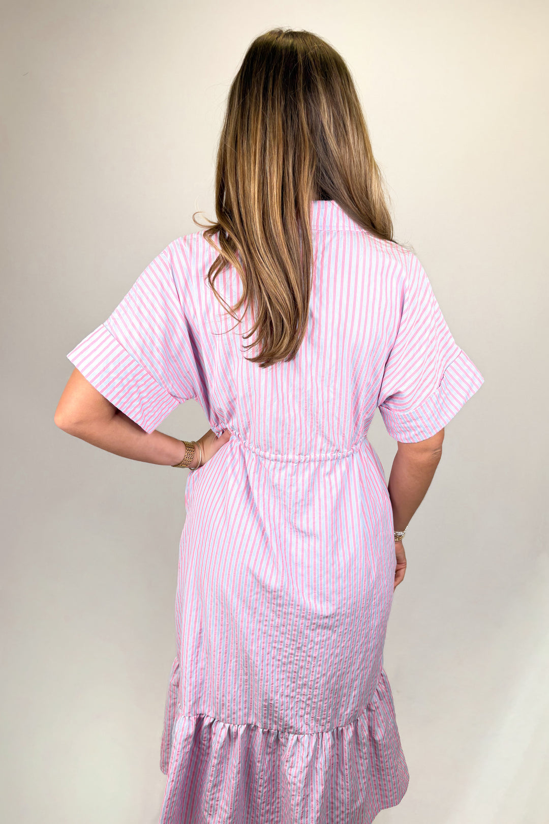 PINK & BLUE STRIPE DRAWSTRING COLLAR MIDI DRESS