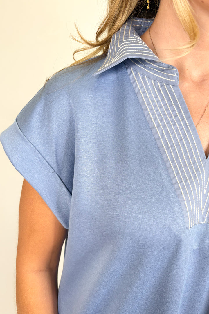 PALE BLUE CONTRAST STITCHING COLLAR DRESS