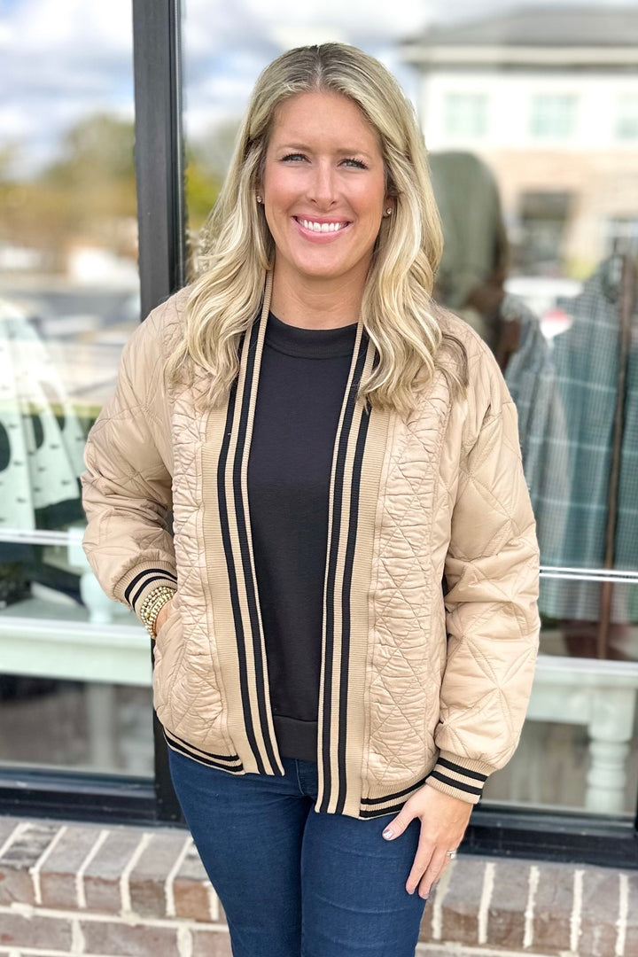 KHAKI QUILTED STRIPE OPEN JACKET