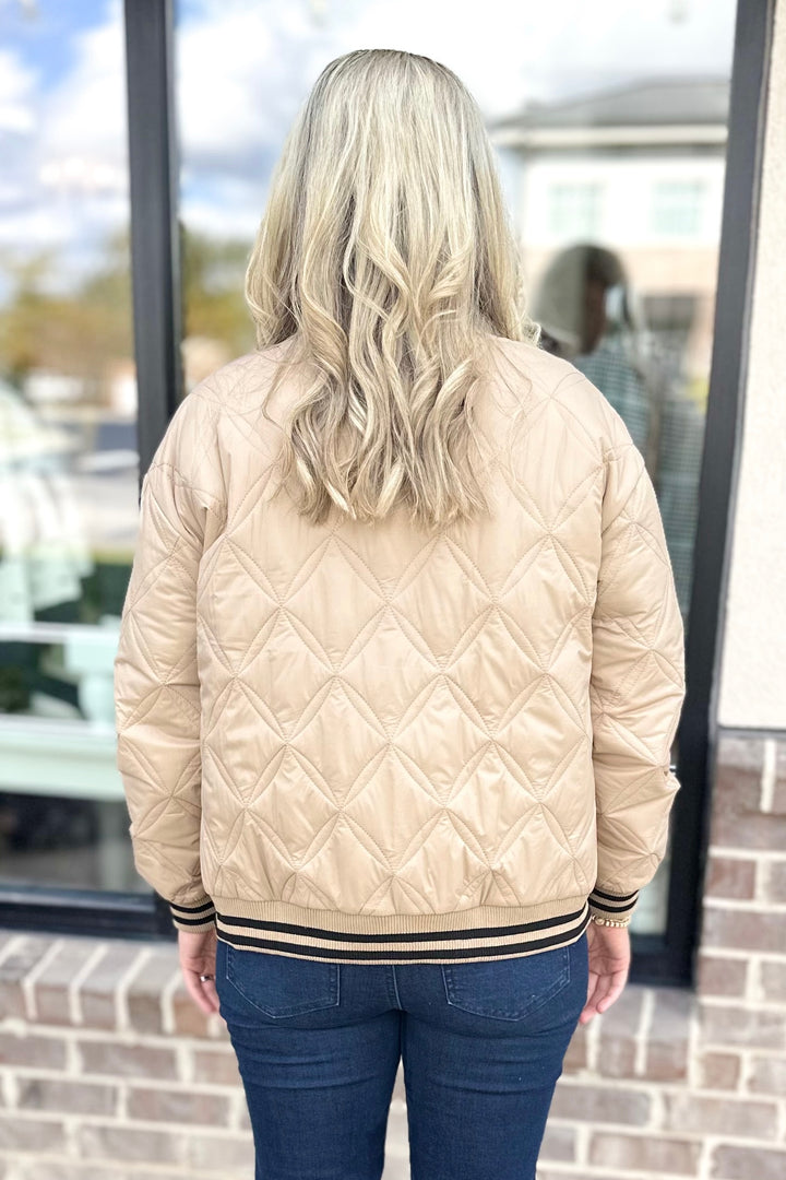 KHAKI QUILTED STRIPE OPEN JACKET