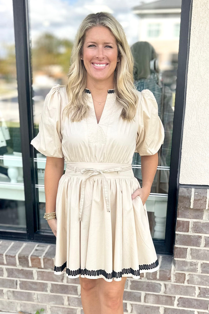 CREAM & BLACK SWIRL TRIM BELTED DRESS