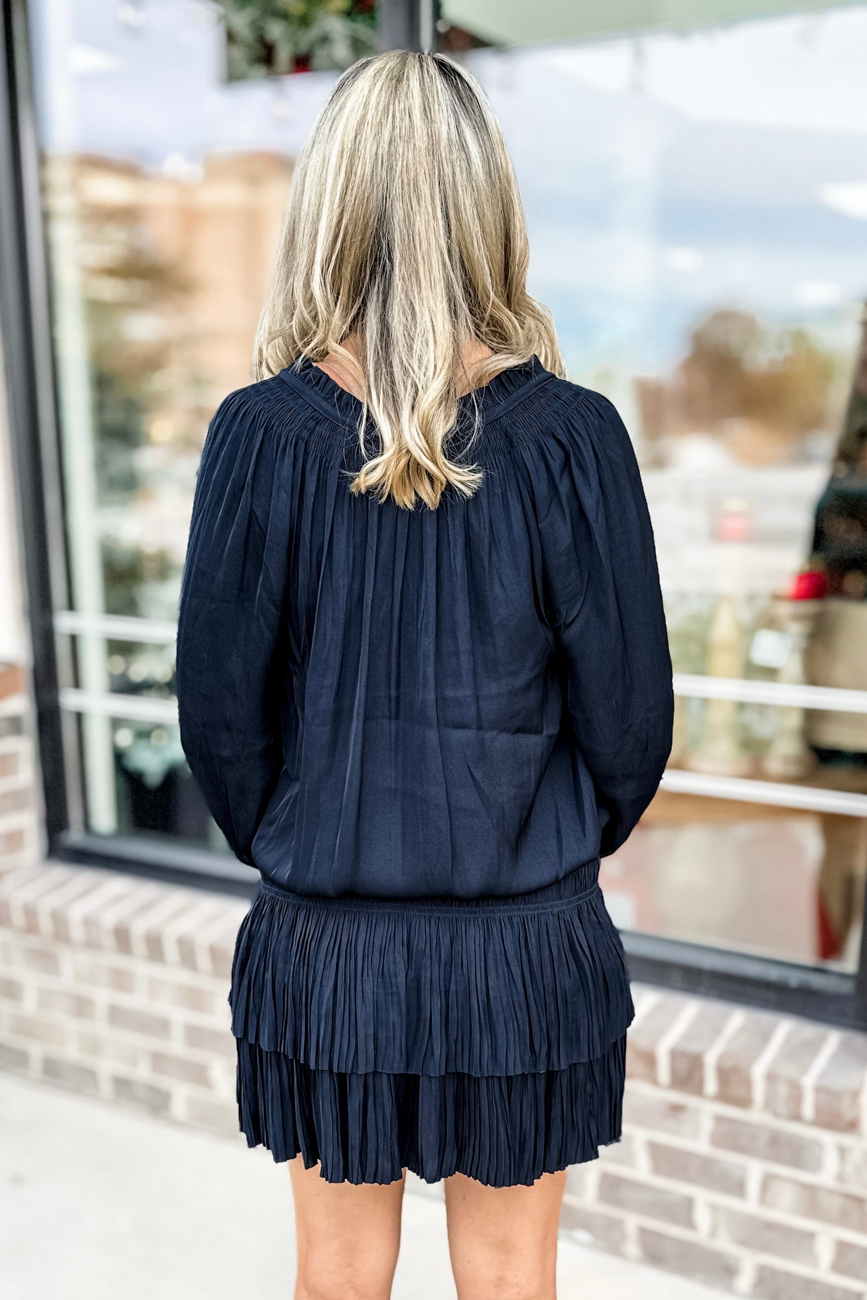 NAVY SATIN SMOCKED DROP WAIST DRESS