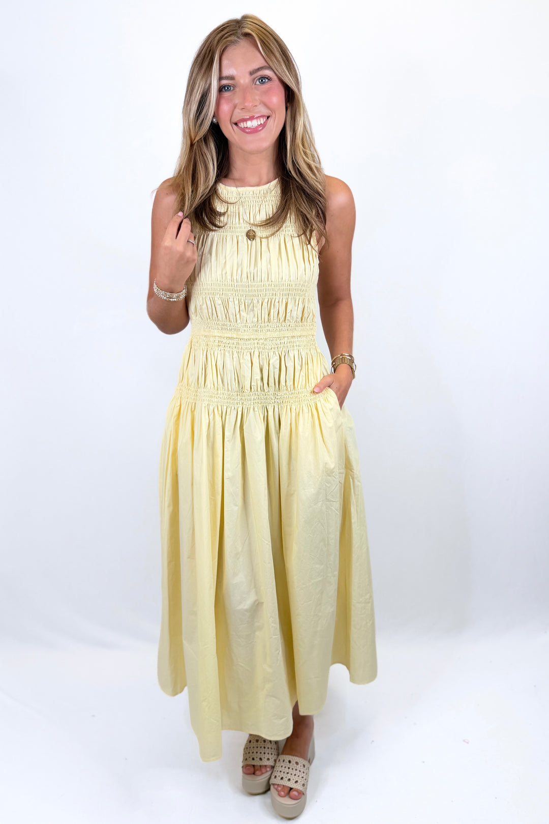 YELLOW SMOCKED DROP WAIST MIDI DRESS